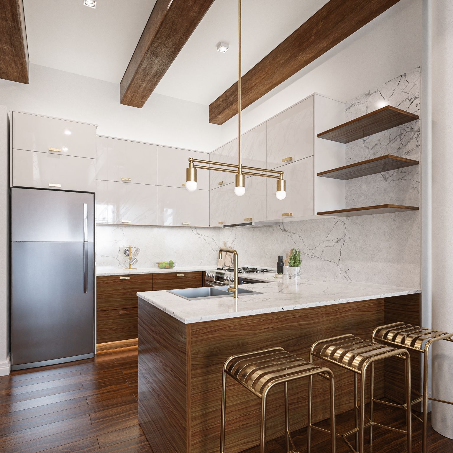 Interactive showcase kitchen — click a hotspot to explore finishes