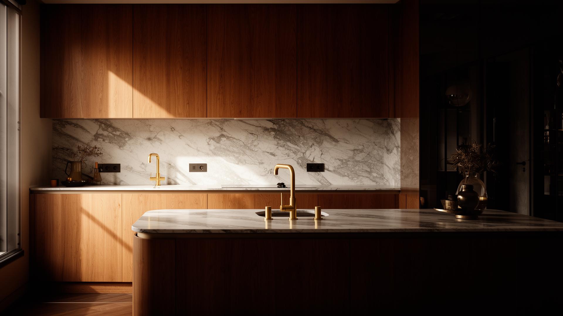 Luxury modern kitchen with warm wood cabinets and brass fixtures